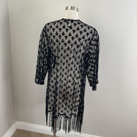 Hot Topic Mesh Kimono Jacket Womens M/L Black Sheer Mushroom Fringe Gothic - Picture 7 of 10